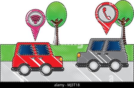 Rosso e grigio vetture su strada con mobile GPS Navigation Pin illustrazione vettoriale disegno Illustrazione Vettoriale