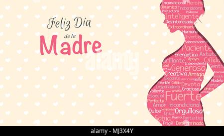 Feliz Dia de la Madre felice Giorno della Madre in lingua Spagnola, biglietto di auguri. Rosa silhouette di donna incinta con una nuvola di parole all'interno Illustrazione Vettoriale