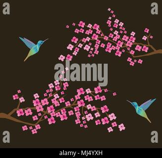 Illustrazione vettoriale di fiore di ciliegio rami con uccelli Illustrazione Vettoriale