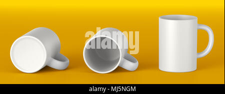 Bella bianca tazza ceramica. Vista frontale, giacente sul suo lato, il fondo. Mock up Modello per la progettazione di un'applicazione. Il rendering 3D. Foto Stock