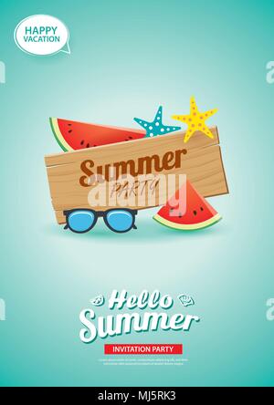 Ciao summer card banner con sfondo di legno. Utilizzare per creare poster, volantini, pubblicità, brochure, invito, flyer. Illustrazione Vettoriale