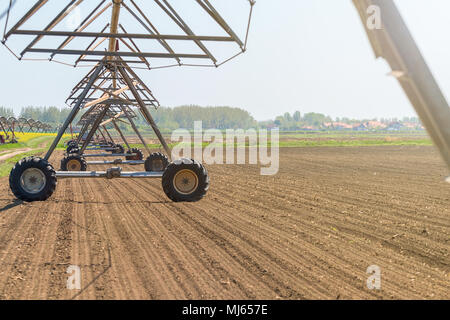 Perno centrale di un sistema di irrigazione in campo. L'agricoltura. Foto Stock