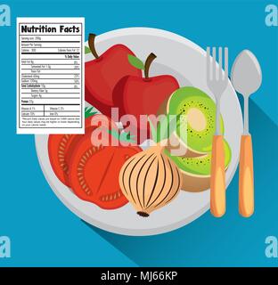 Frutta e ortaggi Gruppo con fatti di nutrizione Illustrazione Vettoriale