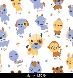 Illustrazione Vettoriale seamless pattern con Zodiaco Cinese Illustrazione Vettoriale