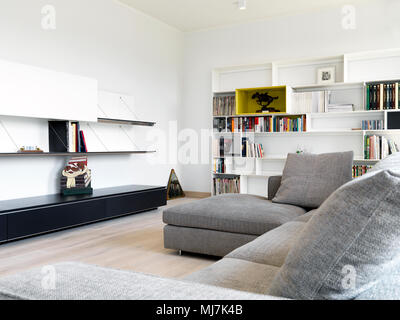 Scatti di interni di un soggiorno moderno con tessuto grigio divano e pavimento in legno Foto Stock