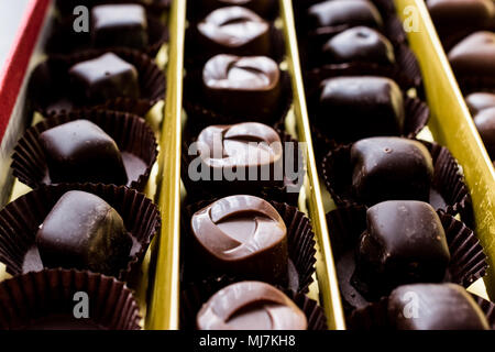 Assortimento di cioccolatini nella casella di selezione (focus) Foto Stock