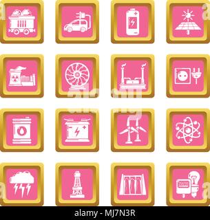 Fonti di energia set di icone rosa vettore quadrato Illustrazione Vettoriale
