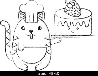 Kawaii chef cat con torta dolce cartoon illustrazione vettoriale schizzo Illustrazione Vettoriale
