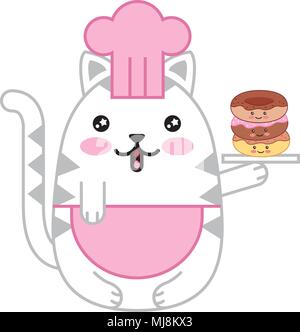 Kawaii cute cat chef con gustosi bomboloni cartoon illustrazione vettoriale Illustrazione Vettoriale