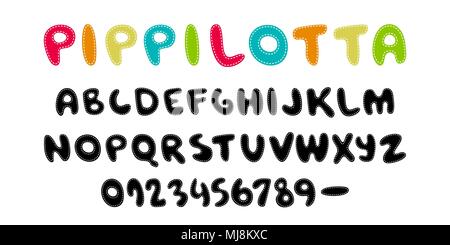 Pippilotta. Scritto a mano il colore del display font stile di capretto. ABC. Cucire, patch, decorativo divertente colorato alfabeto del vettore Illustrazione Vettoriale