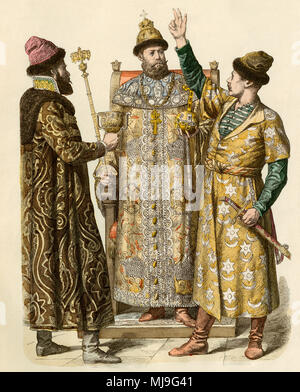 Lo Zar di tutte le Russie Pietro il Grande a discutere con il russo Boiardi, o nobili. Colorate a mano la stampa Foto Stock