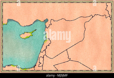 Mappa di Siria e frontiere fisiche mappa del Medio Oriente, la Penisola Arabica, mappa con i rilievi e le montagne e il Mare Mediterraneo su pergamena. Disegnata a mano Foto Stock