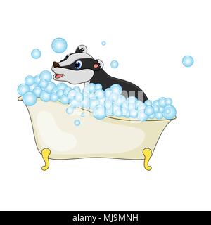 Cartoon badger nella vasca da bagno bolle witth isolati su sfondo bianco Illustrazione Vettoriale