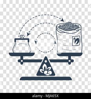 Concetto di commercio equo e solidale in forma di pesi equilibrata con il denaro e un sacchetto di tè sulla freccia di exchange. Icona di stile lineare Illustrazione Vettoriale