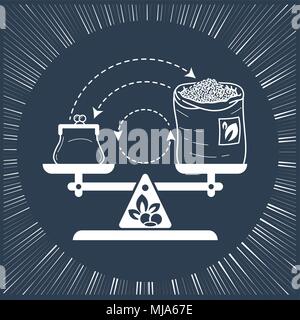 Concetto di commercio equo e solidale in forma di pesi equilibrata con il denaro e un sacchetto di tè sulla freccia di exchange. Icona, silhouette in stile lineare Illustrazione Vettoriale