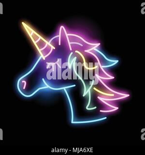 Carino incandescente unicorn al neon insegna luminosa. Layered illustrazione vettoriale. Illustrazione Vettoriale