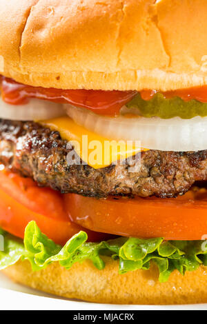 Il Memorial Day Backyard Babecue pasto con hamburger Hot Dog insalate e patatine Foto Stock