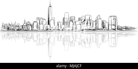 New York City Outline Sketch con riflessione, disegnati a mano oggetti grafici vettoriali Illustrazione Vettoriale