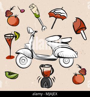 Scooter italiano, frutti e segni Smoothie, disegnati a mano oggetti grafici vettoriali Illustrazione Vettoriale