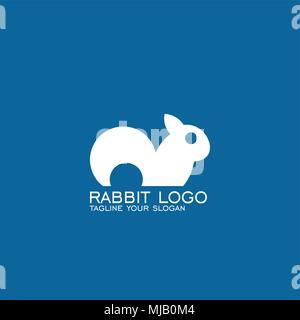 Il logo di coniglio di progettazione, semplici icone di coniglio, il logo bianco isolato su sfondo blu. Illustrazione Vettoriale