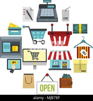 Shopping piana set di icone. Shopping universale le icone da utilizzare per il web e mobile UI, set di shopping di base elementi isolati illustrazione vettoriale Illustrazione Vettoriale