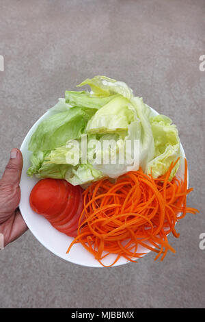 La lattuga iceberg, shredded carota e le fette di pomodoro su piastra bianca Foto Stock