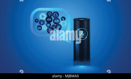 Smart speaker con controllo vocale. Controllo vocale del tuo smart home. Smart speaker riporta la notizia, riproduce musica, risponde alle domande. Vettore. Illustrazione Vettoriale