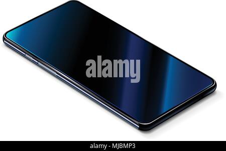 Bellissimi e moderni abstract black smart phone sul tavolo bianco. vista prospettica. Vettore di realistiche. La smart phone è un touchscreen verso l'alto. mockup Illustrazione Vettoriale