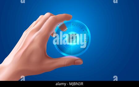 Mano d'uomo detiene il tubo di vetro con un microchip. Uno scienziato mostra un nuovo microprocessore in un box di vetro di close-up. La tecnologia moderna industria di semiconduc Illustrazione Vettoriale