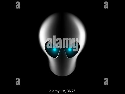 Alien faccia con occhi blu su sfondo scuro. Invader testa. Icona di UFO Illustrazione Vettoriale