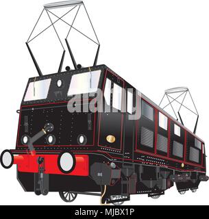 Una illustrazione dettagliata di una annata otto elettrico Wheeler locomotiva merci con il rosso e il nero della livrea isolato su bianco Illustrazione Vettoriale