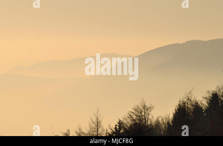 Il misty Monti Metalliferi in autunno su Komari Vizka nella Repubblica Ceca. Foto è stata scattata alla mattina presto mentre foggy meteo. Foto Stock