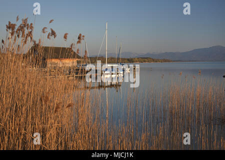 Il Boathouse e barche in Chiemsee, Seeon-Seebruck, Chiemgau, Alta Baviera, Baviera, Germania meridionale, Germania, Foto Stock