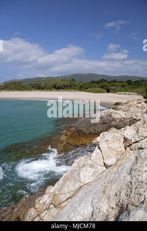 Italia Sardegna Sardegna sud, sud della costa, Chia, Baia Chia, Torre di Chia, Spiaggia Costa del Sud, Foto Stock