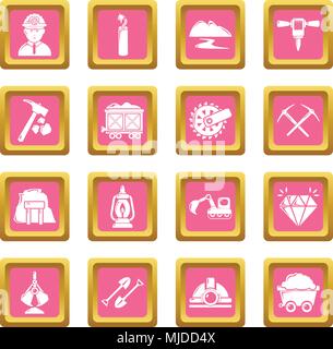 Minerali di data mining business set di icone rosa vettore quadrato Illustrazione Vettoriale