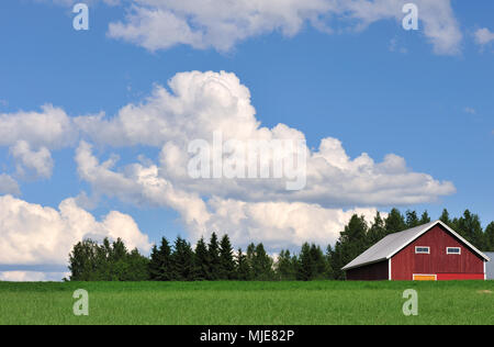 Fienile in campo di fattoria. Cumulus nuvole nel cielo. Foto Stock