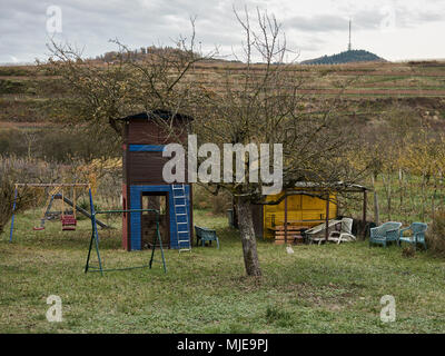 Giardino capanna con oscillazione in un prato, sullo sfondo dei vigneti, autunno Foto Stock