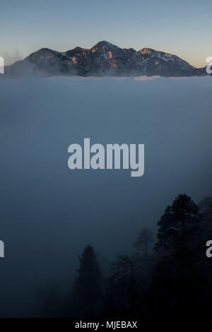 Vista su Walchensee (Lago di Walchen) al Herzogstand mentre high fog, Alpi Bavaresi, Baviera, Germania Foto Stock