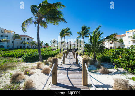 Percorso in legno che conduce alle acque turchesi di Providenciales, Turks e Caicos Foto Stock