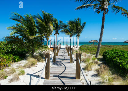 Percorso in legno che conduce alle acque turchesi di Providenciales, Turks e Caicos Foto Stock