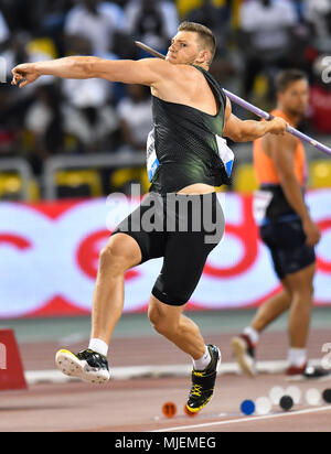 Doha in Qatar. Il 4 maggio, 2018. Andreas Hofmann di Germania compete durante gli Uomini Lancio del giavellotto di 2018 Doha IAAF Diamond League a Doha, capitale del Qatar, 4 maggio 2018. Credito: Nikku/Xinhua/Alamy Live News Foto Stock