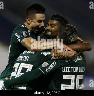 Lima, Perù. 03 Maggio, 2018. SE Palmeiras&# Hyoran pla playelebrates il suo gol contro C Alianza Lima&ama&#3team durinuring me nel quinto round della Copa Libertadoradores ad Alejandro Villanueva Stadium. Credito: Cesar Greco/FotoArena/Alamy Live News Foto Stock