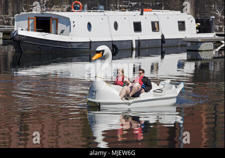 Liverpool, Regno Unito. Il 5 maggio 2018. Regno Unito meteo, coloro che godono di una corsa su una gigante pedalò swan di Albert Dock sul lungomare di Liverpool nel caldo May Bank Holiday sunshine. Credito; Ken Biggs/Alamy Live News. Foto Stock