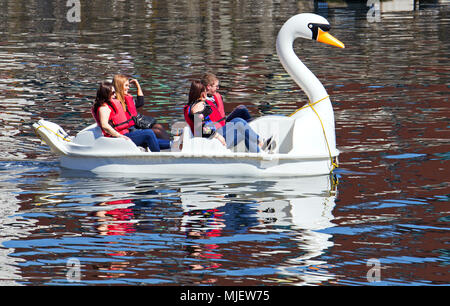 Liverpool, Regno Unito. Il 5 maggio 2018. Regno Unito meteo, coloro che godono di una corsa su una gigante pedalò swan di Albert Dock sul lungomare di Liverpool nel caldo May Bank Holiday sunshine. Credito; Ken Biggs/Alamy Live News. Foto Stock