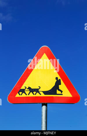 Svedese di cartello stradale attenzione del cane della slitta del team su blue sky. Foto Stock