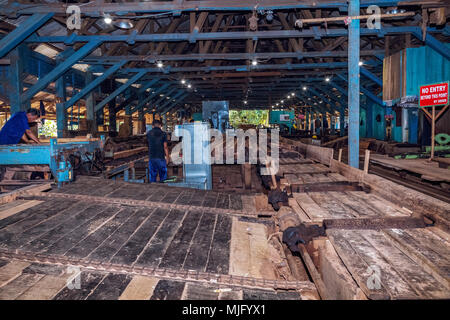 Vista del Chatham segheria fabbrica con macchinari per legno e nastri trasportatori utilizzati per spostare tronchi pesanti a Port Blair, Andaman. Foto Stock
