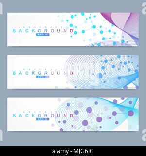Set di scientifica di moderno vettore banner. Molecola di DNA struttura collegata con linee e punti. Scienza sfondo vettoriale. Medico, tecnology, chimica design. Illustrazione Vettoriale