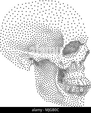 Cranio nel profilo su sfondo bianco. Semplici punti neri su sfondo bianco. Puntinismo digitale. Punti impostati nella forma del cranio Illustrazione Vettoriale