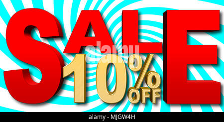 Illustrazione di stock - Grande Golden Testo: 10 percento di sconto, grande Testo rosso: vendita, blu e bianco sullo sfondo a spirale, 3D'illustrazione. Foto Stock