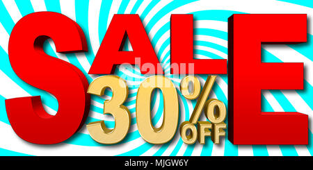 Illustrazione di stock - Grande Golden Testo: 30 percento di sconto, grande Testo rosso: vendita, blu e bianco sullo sfondo a spirale, 3D'illustrazione. Foto Stock